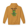 Breathe In Sip Out hoodie - Zen Bert the gecko in lotus meditation pose wearing sunglasses and Coo Coos Coffee tee - back print on pistachio fleece pullover by Coo Coos Coffee Florida Brew Crew
