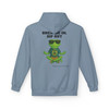 Breathe In Sip Out hoodie - Zen Bert the gecko in lotus meditation pose wearing sunglasses and Coo Coos Coffee tee - back print on pistachio fleece pullover by Coo Coos Coffee Florida Brew Crew