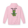 Breathe In Sip Out hoodie - Zen Bert the gecko in lotus meditation pose wearing sunglasses and Coo Coos Coffee tee - back print on pistachio fleece pullover by Coo Coos Coffee Florida Brew Crew