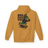 Brew Good Vibes Skate hoodie - Bert the gecko riding skateboard holding coffee with Brew Good Vibes text - back print on gold fleece pullover by Coo Coos Coffee Florida Brew Crew