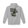 Brew Good Vibes Skate hoodie - Bert the gecko riding skateboard holding coffee with Brew Good Vibes text - back print on gold fleece pullover by Coo Coos Coffee Florida Brew Crew