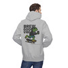 Brew Good Vibes Skate hoodie - Bert the gecko riding skateboard holding coffee with Brew Good Vibes text - back print on gold fleece pullover by Coo Coos Coffee Florida Brew Crew