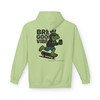 Brew Good Vibes Skate hoodie - Bert the gecko riding skateboard holding coffee with Brew Good Vibes text - back print on gold fleece pullover by Coo Coos Coffee Florida Brew Crew
