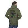Brew Good Vibes Skate hoodie - Bert the gecko riding skateboard holding coffee with Brew Good Vibes text - back print on gold fleece pullover by Coo Coos Coffee Florida Brew Crew