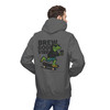 Brew Good Vibes Skate hoodie - Bert the gecko riding skateboard holding coffee with Brew Good Vibes text - back print on gold fleece pullover by Coo Coos Coffee Florida Brew Crew