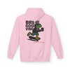 Brew Good Vibes Skate hoodie - Bert the gecko riding skateboard holding coffee with Brew Good Vibes text - back print on gold fleece pullover by Coo Coos Coffee Florida Brew Crew