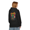 Stay Grounded hoodie - neon Bert the gecko standing calm with coffee mug while colorful explosions burst behind him - back print on black fleece pullover by Coo Coos Coffee Florida Brew Crew