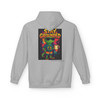 Stay Grounded hoodie - neon Bert the gecko standing calm with coffee mug while colorful explosions burst behind him - back print on black fleece pullover by Coo Coos Coffee Florida Brew Crew