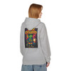 Stay Grounded hoodie - neon Bert the gecko standing calm with coffee mug while colorful explosions burst behind him - back print on black fleece pullover by Coo Coos Coffee Florida Brew Crew