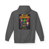 Stay Grounded hoodie - neon Bert the gecko standing calm with coffee mug while colorful explosions burst behind him - back print on black fleece pullover by Coo Coos Coffee Florida Brew Crew