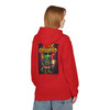 Stay Grounded hoodie - neon Bert the gecko standing calm with coffee mug while colorful explosions burst behind him - back print on black fleece pullover by Coo Coos Coffee Florida Brew Crew