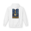 One More Cup Before I Gogh hoodie - Starry Night style coffee cup with swirling steam against Van Gogh inspired night sky - back print fleece pullover by Coo Coos Coffee Florida Brew Crew