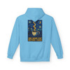 One More Cup Before I Gogh hoodie - Starry Night style coffee cup with swirling steam against Van Gogh inspired night sky - back print fleece pullover by Coo Coos Coffee Florida Brew Crew