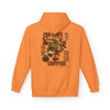 Awaken Your Soul hoodie - Bert the gecko in Japanese illustration style with kanji for life coffee and passion surrounded by coffee plants and pour-over - back print fleece pullover by Coo Coos Coffee