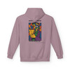 Built to Brew Coffee Made Me hoodie - cubist portrait of Bert the gecko holding coffee in bold color-block style - back print fleece pullover by Coo Coos Coffee Florida Brew Crew