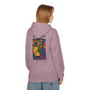Built to Brew Coffee Made Me hoodie - cubist portrait of Bert the gecko holding coffee in bold color-block style - back print fleece pullover by Coo Coos Coffee Florida Brew Crew