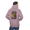 Built to Brew Coffee Made Me hoodie - cubist portrait of Bert the gecko holding coffee in bold color-block style - back print fleece pullover by Coo Coos Coffee Florida Brew Crew
