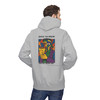 Built to Brew Coffee Made Me hoodie - cubist portrait of Bert the gecko holding coffee in bold color-block style - back print fleece pullover by Coo Coos Coffee Florida Brew Crew