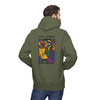 Built to Brew Coffee Made Me hoodie - cubist portrait of Bert the gecko holding coffee in bold color-block style - back print fleece pullover by Coo Coos Coffee Florida Brew Crew