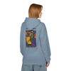 Built to Brew Coffee Made Me hoodie - cubist portrait of Bert the gecko holding coffee in bold color-block style - back print fleece pullover by Coo Coos Coffee Florida Brew Crew
