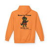 Brew or Treat Fill My Cup Halloween hoodie - vampire Bert the gecko in cape with pumpkin bucket - back print seasonal drop fleece pullover by Coo Coos Coffee Florida Brew Crew