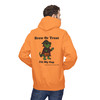 Brew or Treat Fill My Cup Halloween hoodie - vampire Bert the gecko in cape with pumpkin bucket - back print seasonal drop fleece pullover by Coo Coos Coffee Florida Brew Crew
