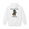 Brew or Treat Fill My Cup Halloween hoodie - vampire Bert the gecko in cape with pumpkin bucket - back print seasonal drop fleece pullover by Coo Coos Coffee Florida Brew Crew