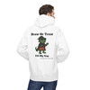 Brew or Treat Fill My Cup Halloween hoodie - vampire Bert the gecko in cape with pumpkin bucket - back print seasonal drop fleece pullover by Coo Coos Coffee Florida Brew Crew