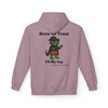 Brew or Treat Fill My Cup Halloween hoodie - vampire Bert the gecko in cape with pumpkin bucket - back print seasonal drop fleece pullover by Coo Coos Coffee Florida Brew Crew