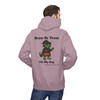 Brew or Treat Fill My Cup Halloween hoodie - vampire Bert the gecko in cape with pumpkin bucket - back print seasonal drop fleece pullover by Coo Coos Coffee Florida Brew Crew