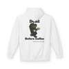 Dead Before Coffee Halloween hoodie back print - Bert the gecko climbing out of coffin holding coffee mug - seasonal drop fleece pullover by Coo Coos Coffee