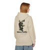 Dead Before Coffee Halloween hoodie back print - Bert the gecko climbing out of coffin holding coffee mug - seasonal drop fleece pullover by Coo Coos Coffee