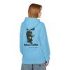Dead Before Coffee Halloween hoodie back print - Bert the gecko climbing out of coffin holding coffee mug - seasonal drop fleece pullover by Coo Coos Coffee