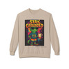 Stay Grounded crewneck sweatshirt - neon psychedelic Bert the gecko holding coffee mug with colorful splatter background on poster style print - streetwear fleece by Coo Coos Coffee