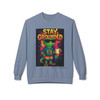 Stay Grounded crewneck sweatshirt - neon psychedelic Bert the gecko holding coffee mug with colorful splatter background on poster style print - streetwear fleece by Coo Coos Coffee