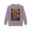 Stay Grounded crewneck sweatshirt - neon psychedelic Bert the gecko holding coffee mug with colorful splatter background on poster style print - streetwear fleece by Coo Coos Coffee