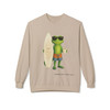 Bert Surfboard crewneck sweatshirt - surf gecko Bert standing with surfboard and coffee cup wearing sunglasses flip flops and baggies - Bert Essentials fleece by Coo Coos Coffee