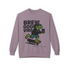 Brew Good Vibes crewneck sweatshirt - Skate Bert the gecko riding skateboard with coffee cup in hand - streetwear fleece by Coo Coos Coffee Florida Brew Crew