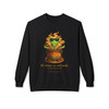 El Alma Se Infunde Steeping the Soul crewneck in black - Bert meditating in cafe de olla with golden steam and marigold details - Coo Coos Coffee