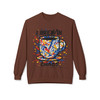 I Brew In Chaos crewneck in chocolate brown - abstract street art coffee cup with primary color paint splatter - Coo Coos Coffee