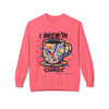 I Brew In Chaos crewneck in coral - abstract art coffee cup with blue red yellow splatter and hand-painted text - Coo Coos Coffee