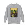 The Mocha-Lisa crewneck in grey - Bert as Mona Lisa wearing sunglasses holding coffee - art parody sweatshirt by Coo Coos Coffee