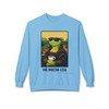 The Mocha-Lisa crewneck in light blue - Mona Lisa gecko art parody with coffee cup - funny coffee lover sweatshirt Coo Coos Coffee