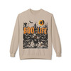 Boo Life Halloween crewneck in sand - haunted house scene with jack-o-lanterns bats witch moon and skeleton characters - Coo Coos Coffee seasonal drop