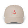 Happy Face dad hat in stone with red embroidered Coo Coos Coffee smiley icon - Yupoong 6245CM unstructured low-profile cap