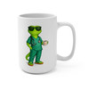 Brew Code Stat nurse mug hero side - Bert the gecko in green scrubs sunglasses and stethoscope holding coffee mug - 15oz white ceramic by Coo Coos Coffee