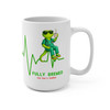 Vitals Checked Coffee Critical nurse mug hero side - Bert the gecko in green scrubs sitting on EKG heartbeat line holding coffee - Fully Brewed - Coo Coos Coffee 15oz ceramic