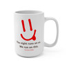 Night Shift Brewing mug logo side with red Coo Coos Coffee happy face and The Night Runs On Us We Run On This - 15oz ceramic