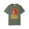 Build Brave tee in moss green with gold block letter art and orange block squirrel - CooCooCares childhood cancer awareness