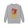 Build Brave crewneck sweatshirt in grey with gold block letter art and orange block squirrel - CooCooCares childhood cancer awareness